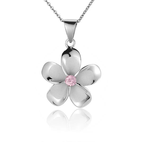 Hawaiian 925 Sterling Silver plumeria Pink CZ rhodium pendant, 25mm, featuring pink cubic zirconia.