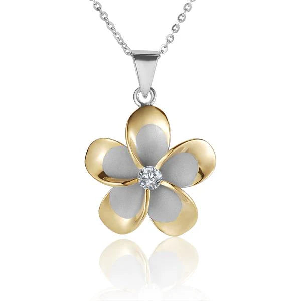 Hawaiian 925 Sterling Silver plumeria CZ pendant in yellow gold tone, 25mm rhodium finish, featuring flower design.