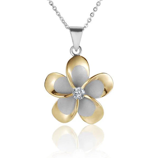 Sterling silver Plumeria CZ pendant in yellow gold 2-tone rhodium finish, 25mm, featuring floral design.