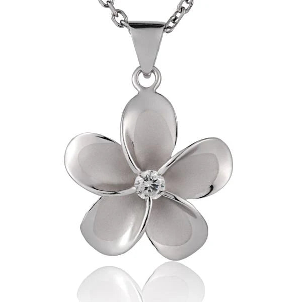 Hawaiian 925 Sterling Silver plumeria CZ rhodium pendant, 25mm, featuring floral design and sparkling cubic zirconia accents.