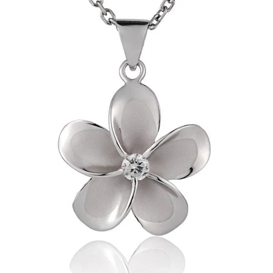 Sterling silver Plumeria CZ pendant, 25mm, featuring rhodium plating, showcasing a floral design with sparkling cubic zirconia accents.