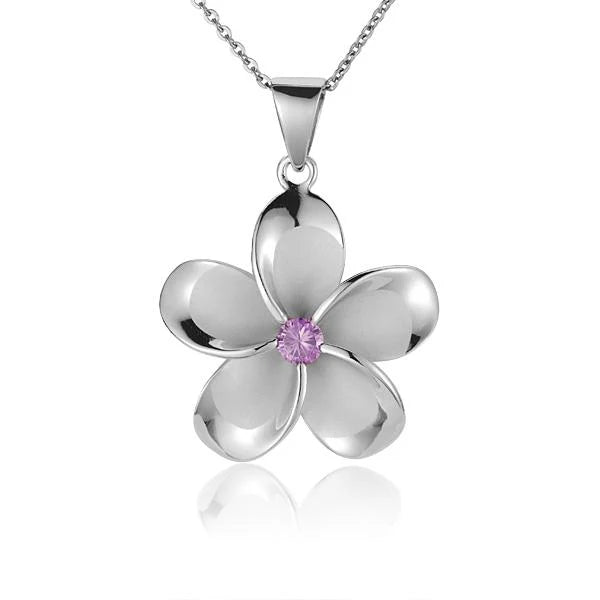 Hawaiian 925 Sterling Silver plumeria Pink CZ Rhodium Pendant, 30mm with floral design.