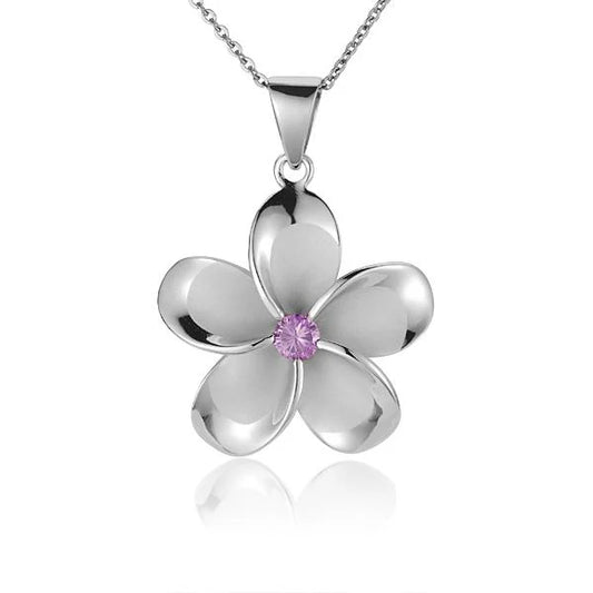 Sterling silver Plumeria Pink CZ pendant with rhodium finish, 30mm, showcasing intricate floral design and sparkling pink stones.
