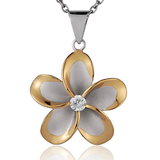 Sterling silver Plumeria CZ YG 2T rhodium pendant, 30mm, with floral design, featuring yellow gold accents on a jewelry image.