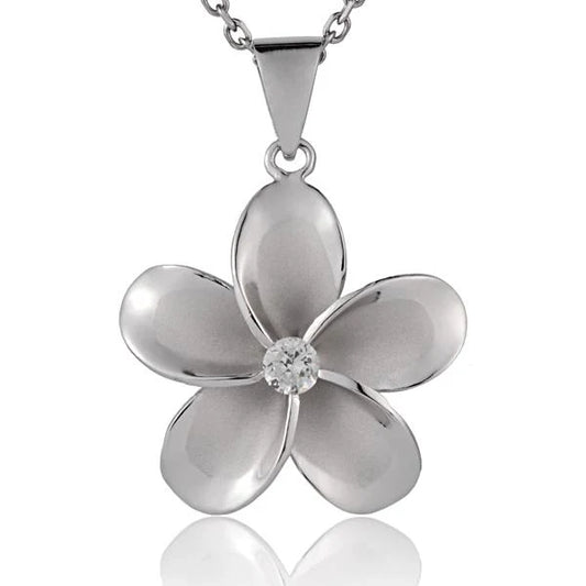 Sterling silver Plumeria CZ pendant, 30mm, featuring a floral design with sparkling cubic zirconia accents.