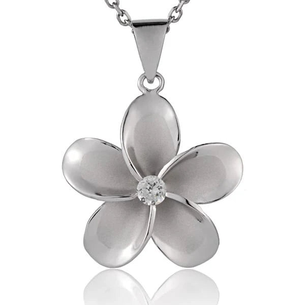 Hawaiian 925 Sterling Silver plumeria CZ pendant with rhodium finish, 30mm, featuring intricate floral design and sparkling.