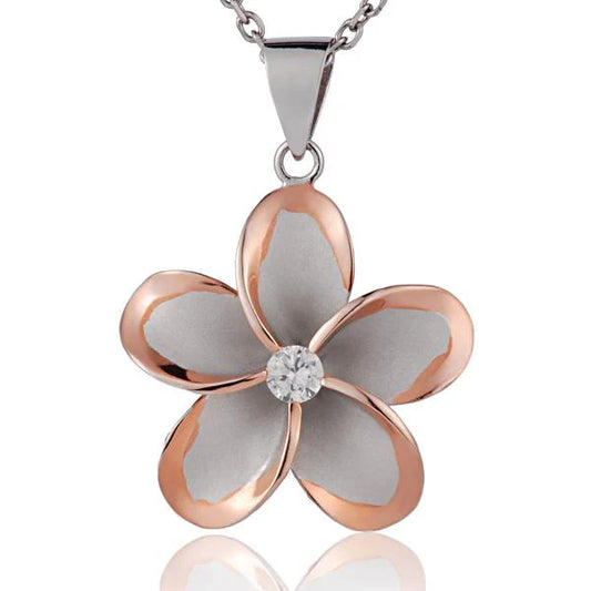 Sterling silver Plumeria CZ PG 2T pendant with rhodium finish, 30mm, featuring floral design on a jewelry image