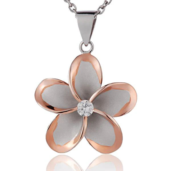 Hawaiian 925 Sterling Silver plumeria CZ PG 2T Rhodium pendant, 30mm, with detailed floral design.