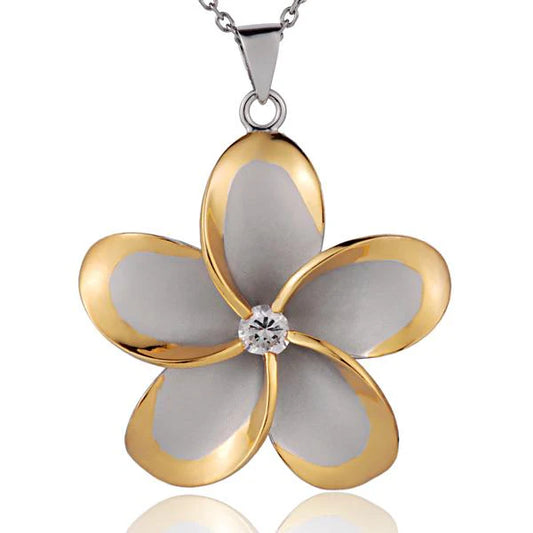 Sterling silver Plumeria CZ pendant with yellow gold 2-tone rhodium finish, 45mm length, jewelry accessory with floral design