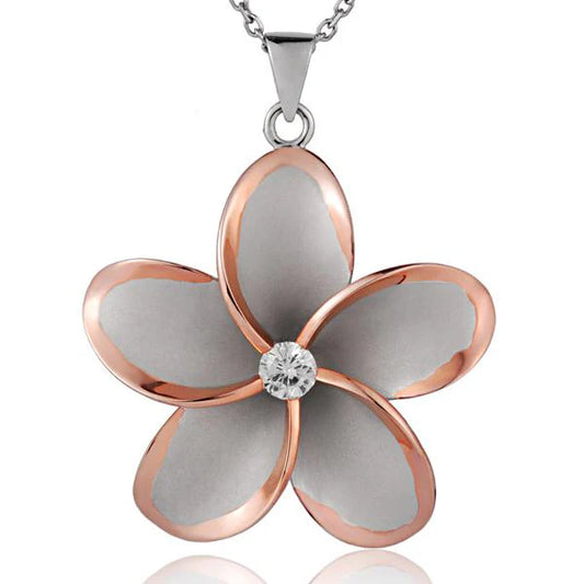 925 sterling silver Plumeria CZ PG 2T rhodium pendant, 45mm, featuring a floral design with sparkling cubic zirconia accents.