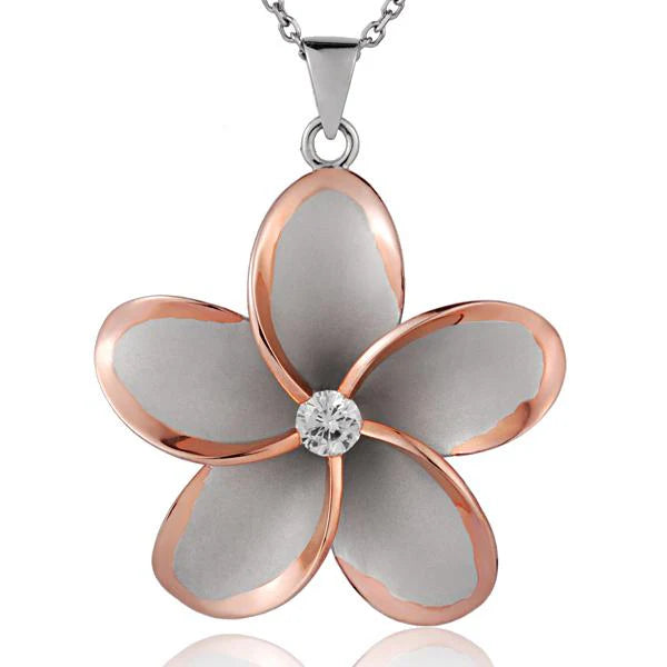 Hawaiian 925 Sterling Silver plumeria CZ PG pendant with 45mm rhodium finish, featuring detailed flower design and sparkling.