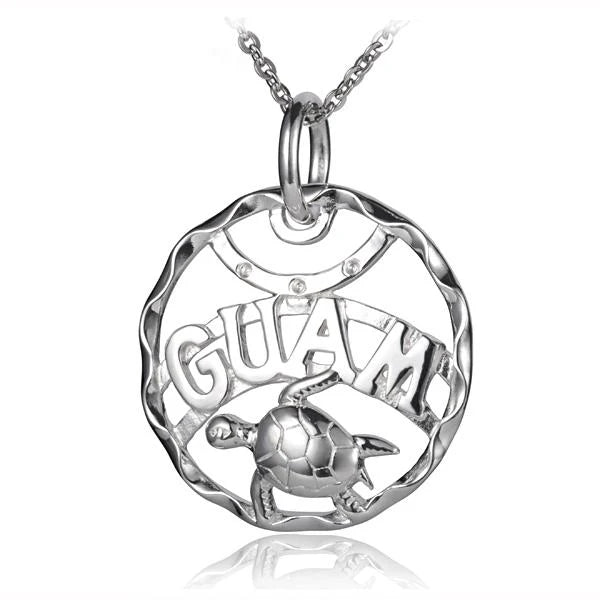 Hawaiian 925 Sterling Silver circle Guam turtle pendant featuring a detailed turtle design.