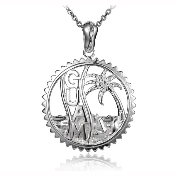 Hawaiian 925 Sterling Silver guam Palm Tree Circle Pendant displaying a detailed palm tree design.