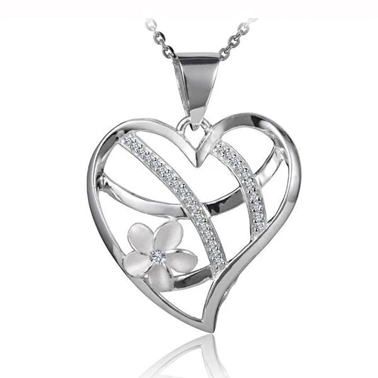 Sterling silver Plumeria Heart Pendant with intricate floral design, crafted from 925 silver for elegant jewelry.