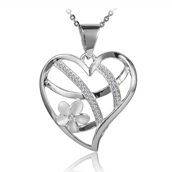 Hawaiian 925 Sterling Silver plumeria Heart Pendant with detailed floral design.