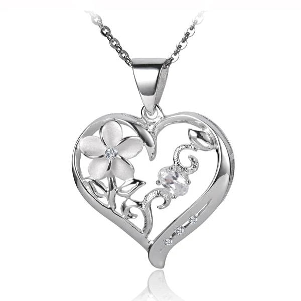 Hawaiian 925 Sterling Silver plumeria Heart Pendant, handcrafted jewelry with delicate floral design.