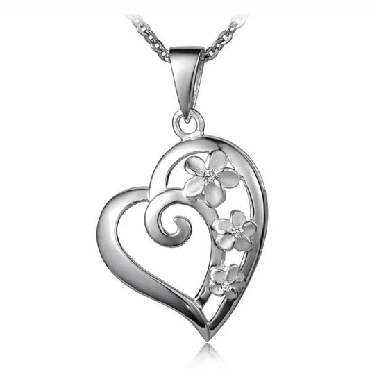 Sterling silver Plumeria Heart Pendant with intricate floral design, crafted from 925 silver for a delicate, elegant jewelry piece.