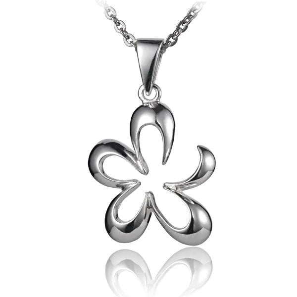 Hawaiian 925 Sterling Silver plumeria C/O Outline Pendant, featuring a delicate flower design.