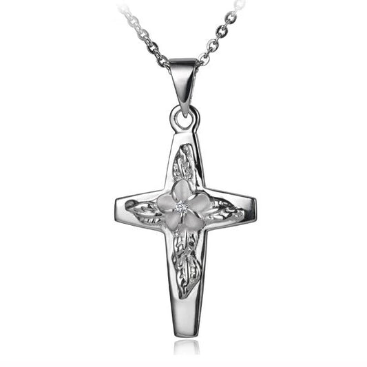 Sterling silver Plumeria leaf cross pendant with intricate detailing, designed by Ashley's Gift Shop.
