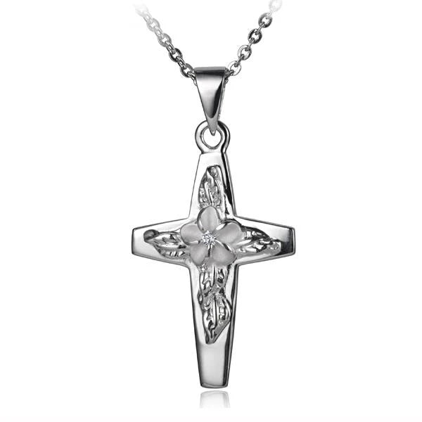 Hawaiian 925 Sterling Silver plumeria Leaf Cross Pendant featuring intricate leaf details.