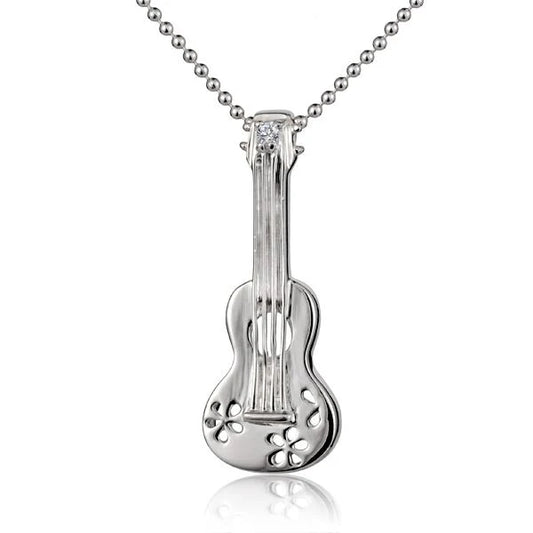 Sterling silver ukulele pendant, plain design, 925 silver jewelry piece, ideal for music lovers or jewelry enthusiasts.