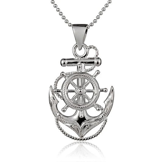 925 sterling silver anchor pendant with engraved design, featuring a detailed nautical style and polished finish.
