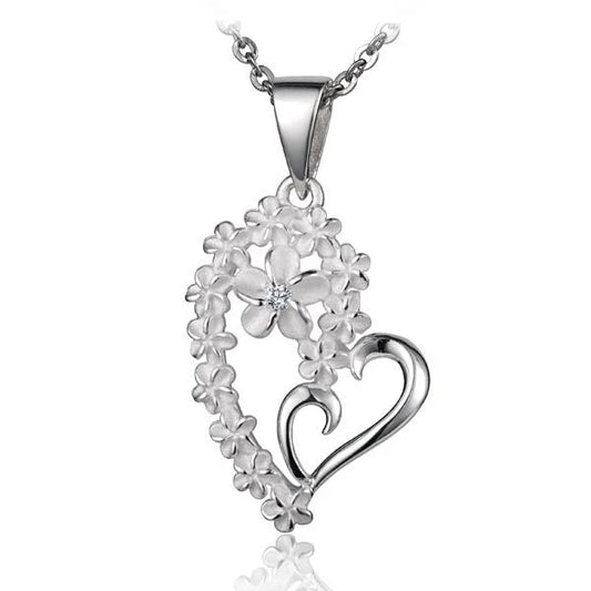 Sterling silver Half Lei Heart Plumeria pendant, 6mm, featuring a delicate plumeria flower design on a polished silver surface.