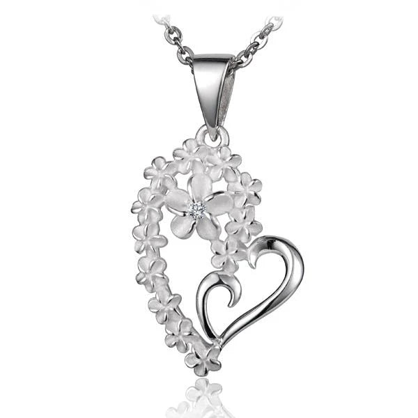 Hawaiian 925 Sterling Silver half Lei Heart Plumeria Pendant with 6mm size, featuring a floral design.