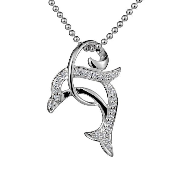 Hawaiian 925 Sterling Silver cZ dolphin loop pendant with detailed dolphin design.