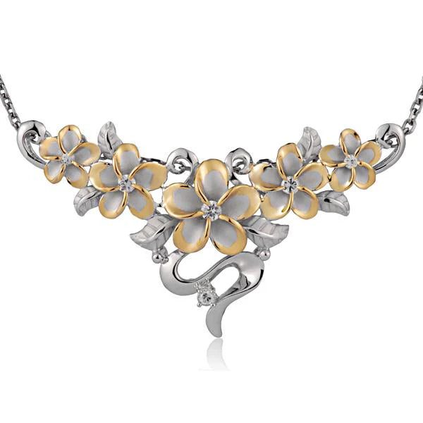 Hawaiian 925 Sterling Silver plumeria 6-leaf CZ YG rhodium slider pendant.