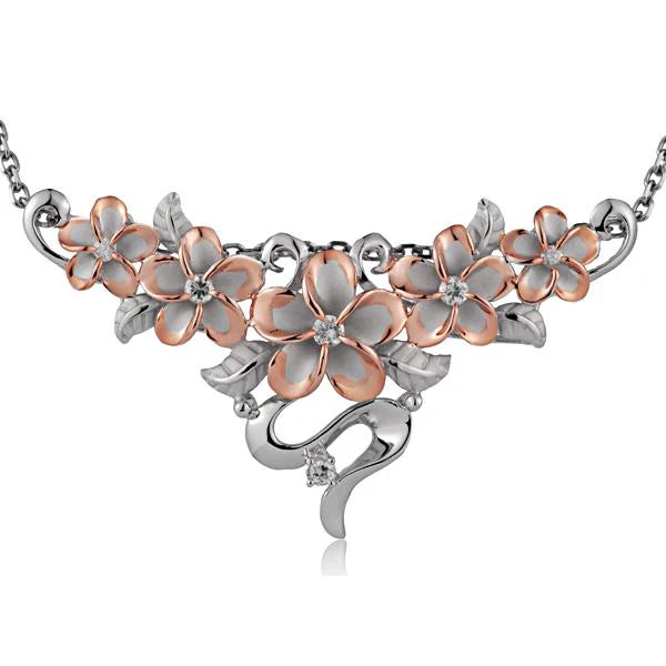 Hawaiian 925 Sterling Silver plumeria and six-leaf CZ slider pendant with rhodium plating.