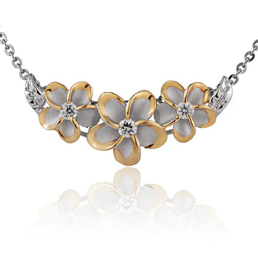 Rhodium Plumeria YG 2T slider pendant in 925 sterling silver with 10mm, 12mm, and 10mm sizes, featuring floral design.