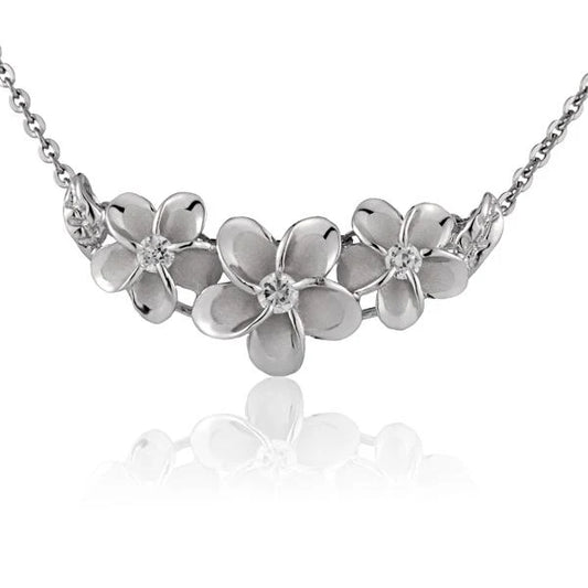 Rhodium Plumeria Slider Pendant in 925 Sterling Silver, featuring 10mm, 12mm, and 10mm floral design elements.