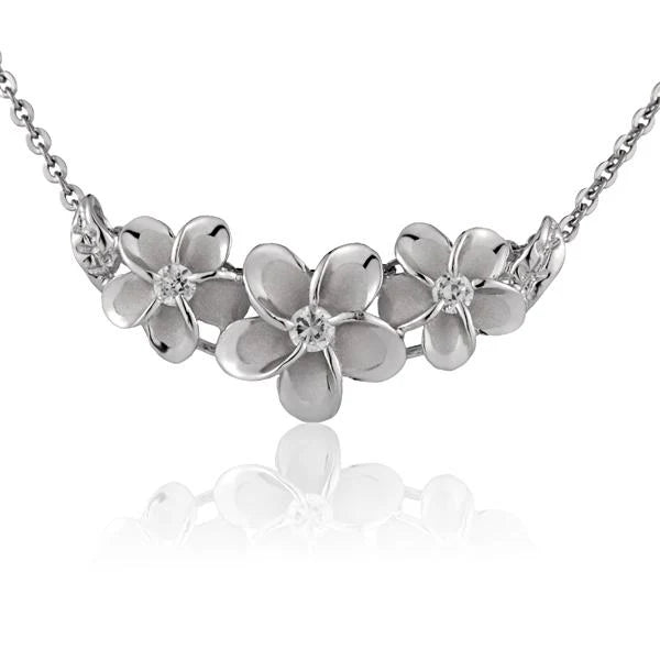 Hawaiian 925 Sterling Silver rhodium Plumeria Slider Pendant with 10/12/10mm flowers, crafted in 925 silver, elegant jewelry.