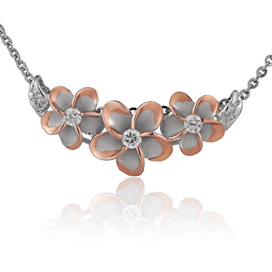 Sterling silver Rhodium Plumeria PG 2T slider pendant with 10/12/10mm floral design, crafted by Ashley's Gift Shop.