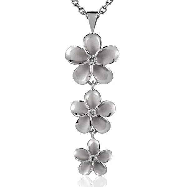 Hawaiian 925 Sterling Silver rhodium Plumeria CZ pendant in 18mm, 15mm, and 12mm sizes on a 925 sterling silver chain.