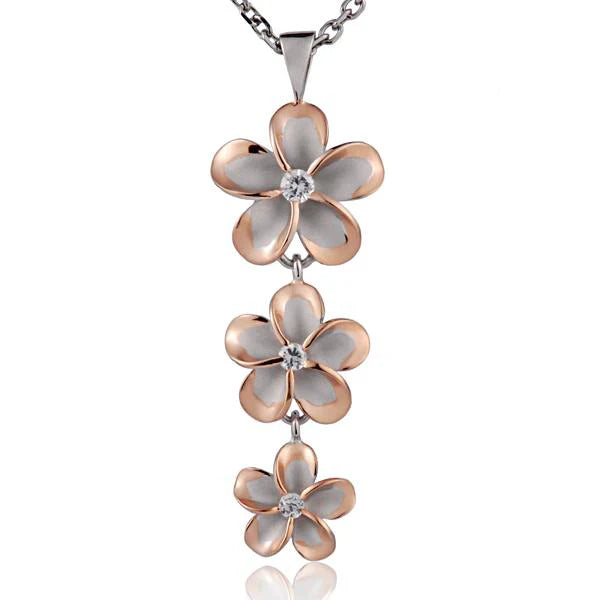 Hawaiian 925 Sterling Silver rhodium Plumeria CZ pendant in 18, 15, and 12mm sizes featuring a floral design.
