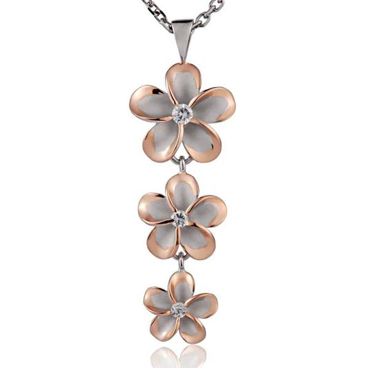 Sterling silver Rhodium Plumeria CZ pendant with 2-tone design, measuring 18/15/12mm, featuring intricate floral details.