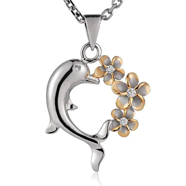 Hawaiian 925 Sterling Silver rhodium Plumeria dolphin and heart pendant with yellow gold accents, featuring intricate floral.
