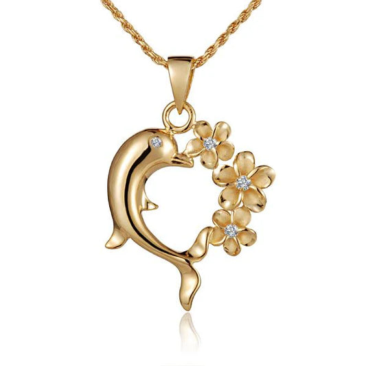 Sterling silver Plumeria dolphin heart pendant with yellow gold accents, featuring a detailed dolphin and floral design.
