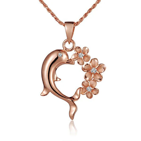 Sterling silver Plumeria dolphin heart pendant with 2T design, featuring intricate dolphin and heart motifs in a detailed jewelry piece