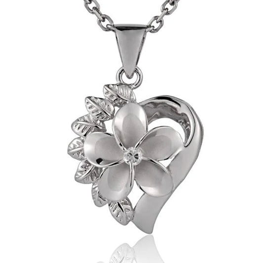 Sterling silver Plumeria Heart Maile CZ pendant, 15mm, featuring a delicate floral design and sparkling cubic zirconia accents.