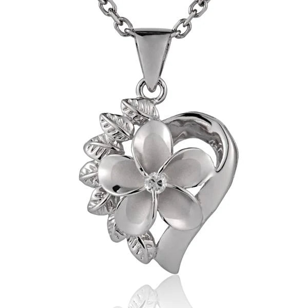 Hawaiian 925 Sterling Silver plumeria Heart Maile CZ pendant, 15mm, featuring a detailed floral design and sparkling cubic.