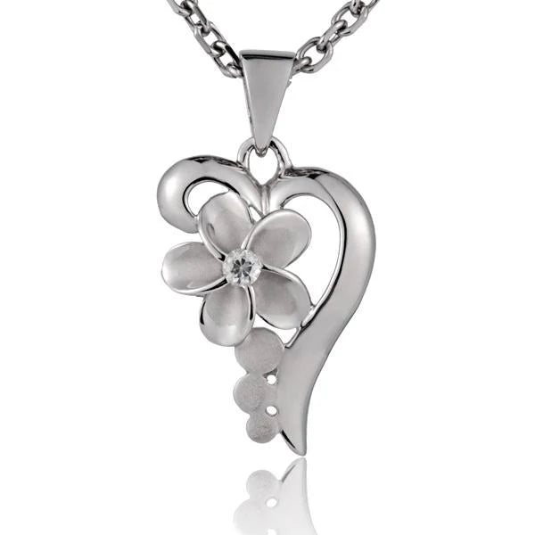 Hawaiian 925 Sterling Silver half-heart Plumeria CZ pendant, 10mm, featuring floral design and sparkling cubic zirconia.