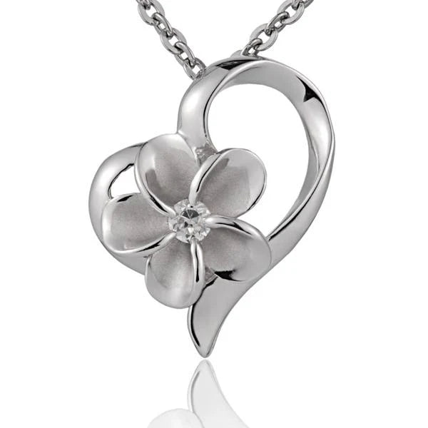 Hawaiian 925 Sterling Silver plumeria Heart CZ pendant, 10mm size, featuring a detailed floral design with sparkling cubic.