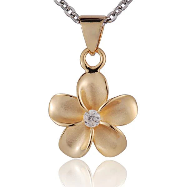 Hawaiian 925 Sterling Silver plumeria CZ pendant with yellow gold plating, 12mm size, featuring floral design and sparkling.