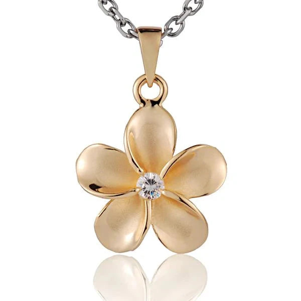 Hawaiian 925 Sterling Silver plumeria CZ pendant with yellow gold plating, 18mm size, featuring floral design and sparkling.