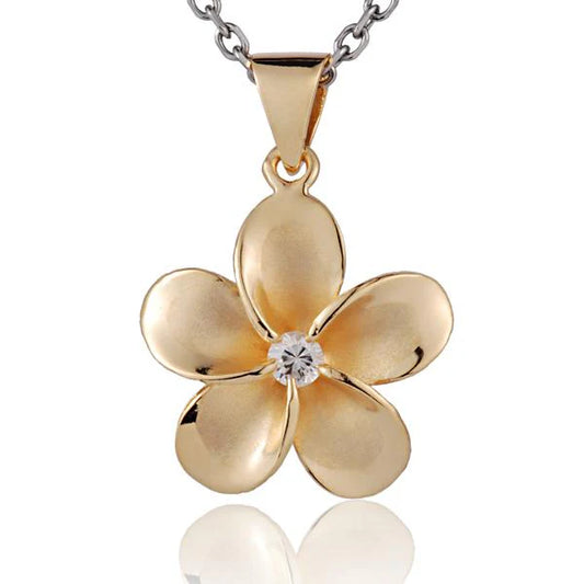 Sterling silver Plumeria CZ pendant, 22mm, gold-plated floral jewelry piece with intricate flower design.