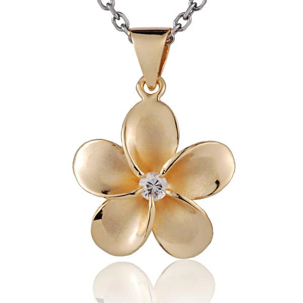 Hawaiian 925 Sterling Silver plumeria CZ yellow gold-plated pendant, 22mm, featuring a detailed floral design.
