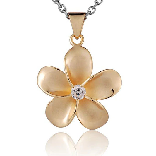 Sterling silver Plumeria CZ pendant, 25mm, featuring yellow gold plating and intricate floral design.